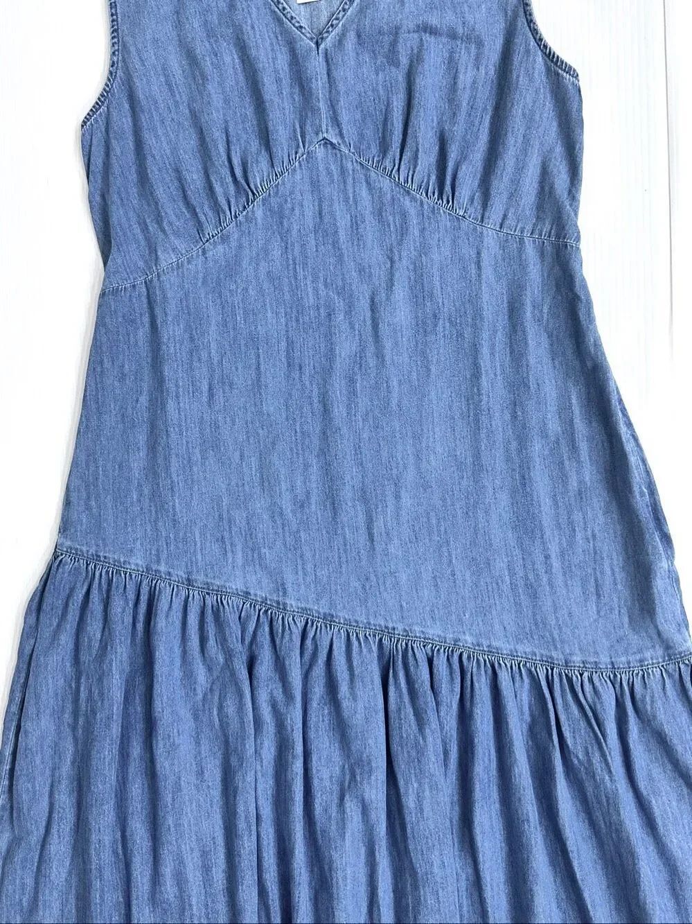 GAP NWT Chambray Denim Asymmetrical Midi Dress V-Neck Blue L Coastal Prairie - Picture 12 of 16